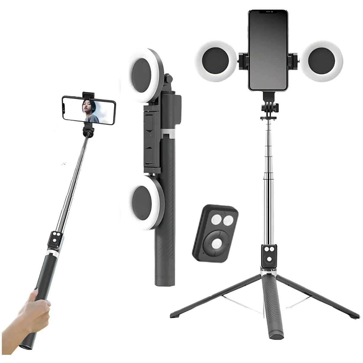 Trípode Palo Selfie con Control Bluetooth Doble Aro Luz