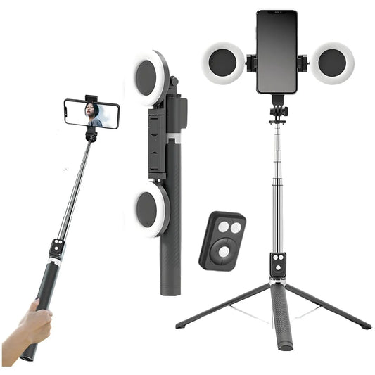 Trípode Palo Selfie con Control Bluetooth Doble Aro Luz