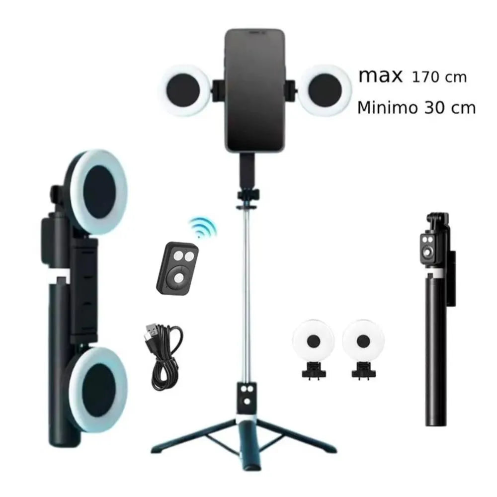 Trípode Palo Selfie con Control Bluetooth Doble Aro Luz